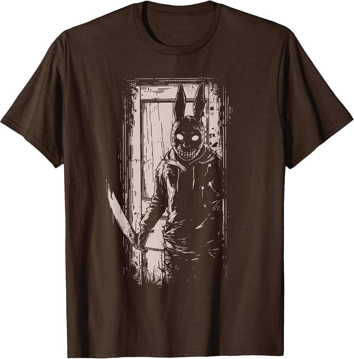 Horror Scary Creepy Bunny Mask Man Rabbit Alt Goth Slasher T-Shirt - Brown