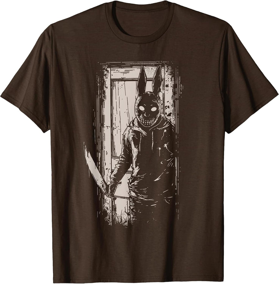 Horror Scary Creepy Bunny Mask Man Rabbit Alt Goth Slasher T-Shirt - Brown