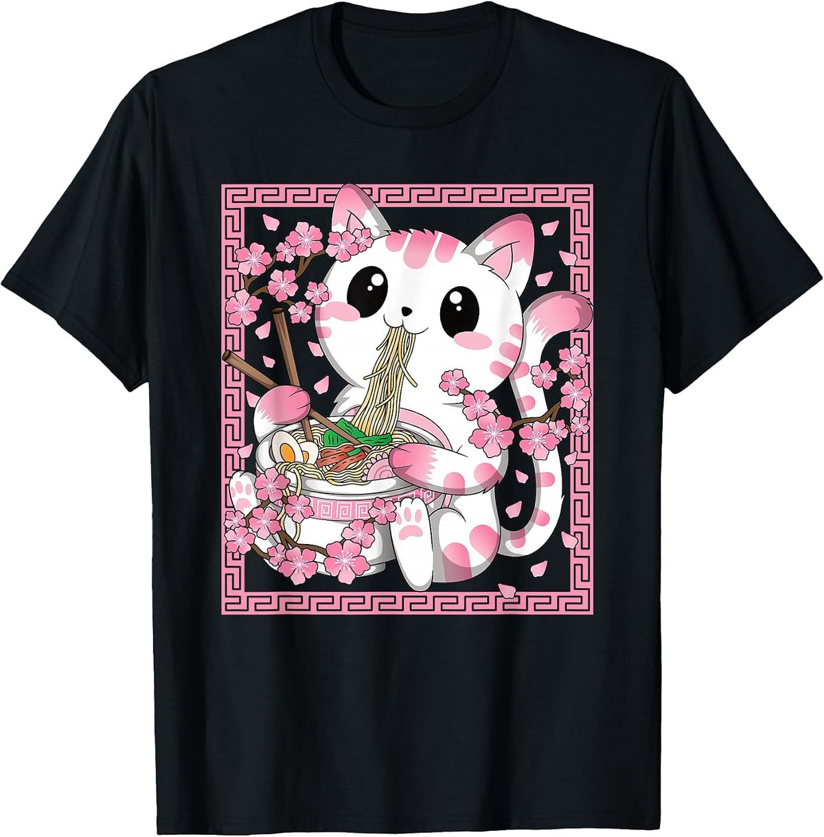 Kawaii Cat Ramen Anime Japanese Cherry Blossom Women Girls T-Shirt - Black