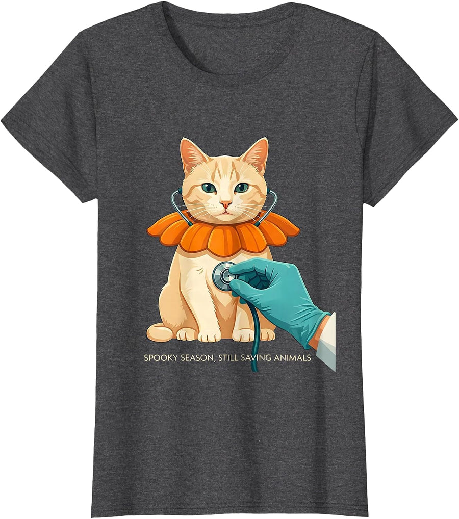 Women's Spooky Season, Still Saving Animals Funny Vet Tech Animal T-Shirt - Dark Heather Grey