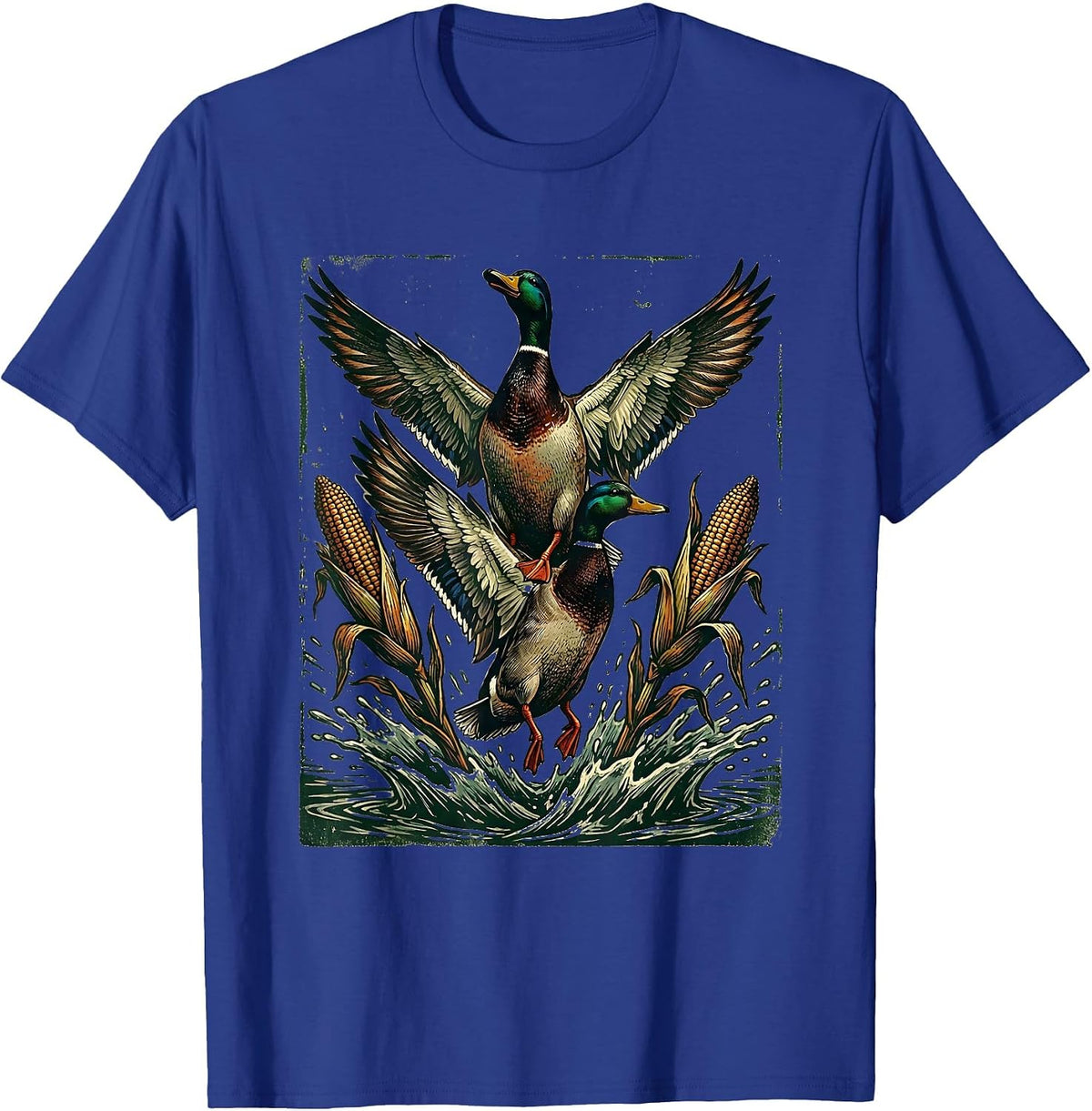 Bottomland Camo Mallards Flushing Flooded Corn T-Shirt - Royal Blue