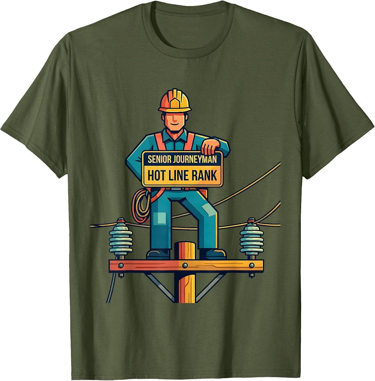 Men's Senior Journeyman Hot Line Rank Funny Electrician Lineman T-Shirt - Olive Green