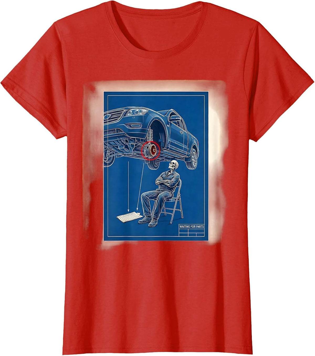 WAITING FOR PARTS Funny Mechanic Skeleton Auto Repair T-Shirt - Red