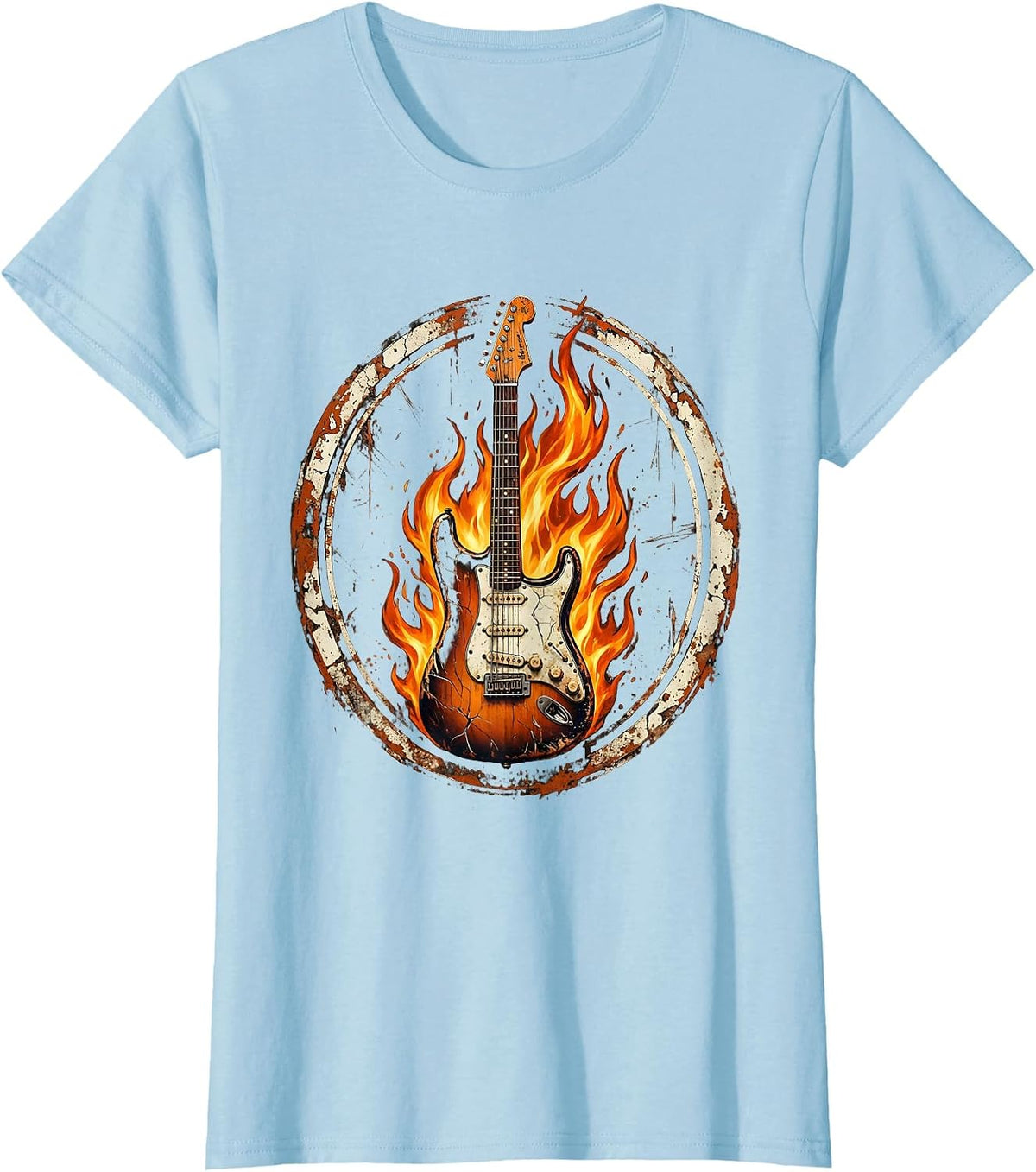 Women's Vintage Rock Electric Guitar Engulfed in Flames T-Shirt - Baby Blue