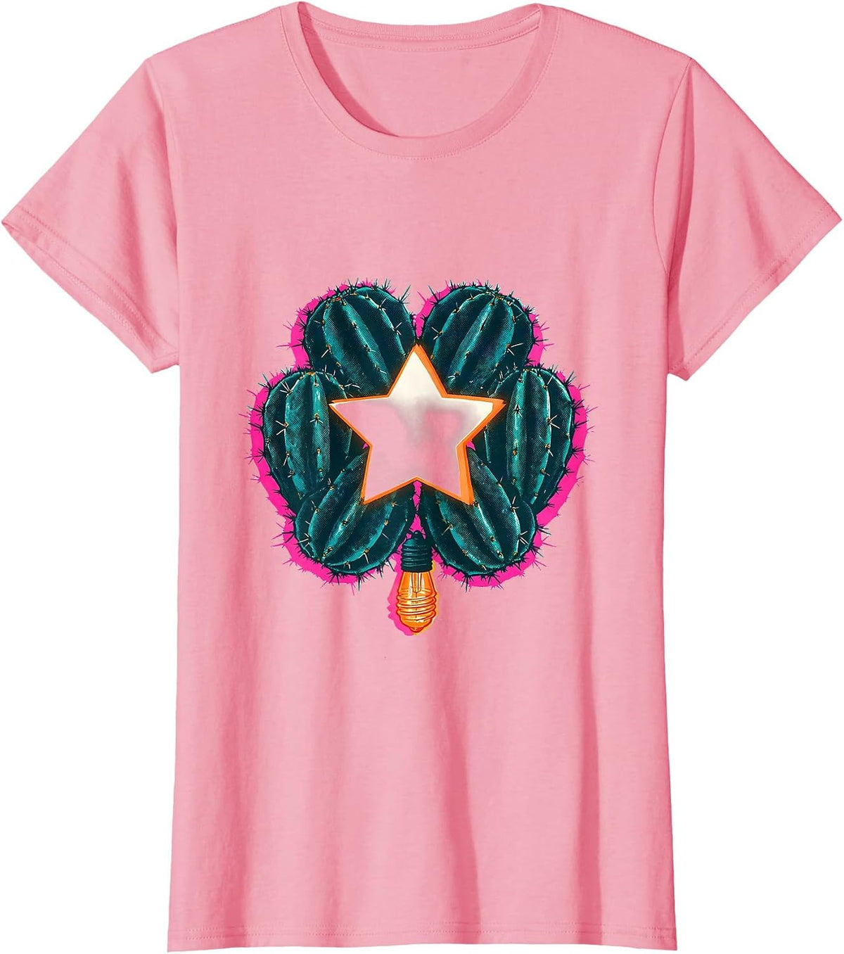 Women's Prickly-Pear Wreath Risograph Flamingo Lover Christmas T-Shirt - Pink