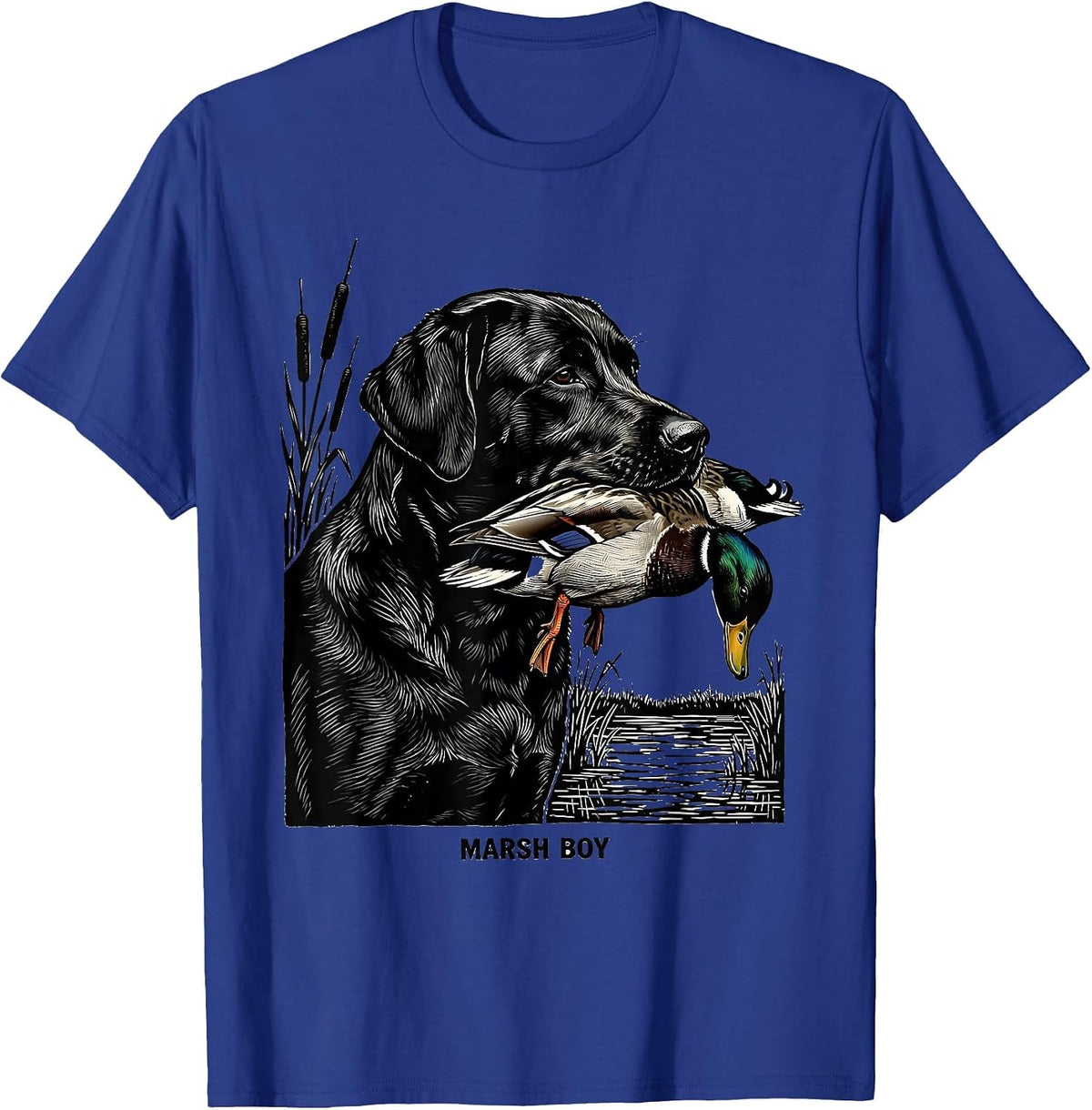 Marsh Boy Linocut Black Lab Duck Hunting Southern Pride T-Shirt - Royal Blue