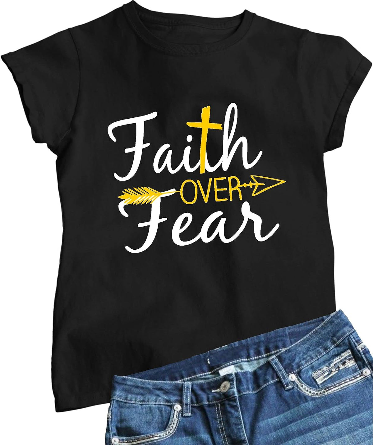 Go All Out Womens Faith Over Fear Cross & Arrow Christian Jesus T-Shirt - Black