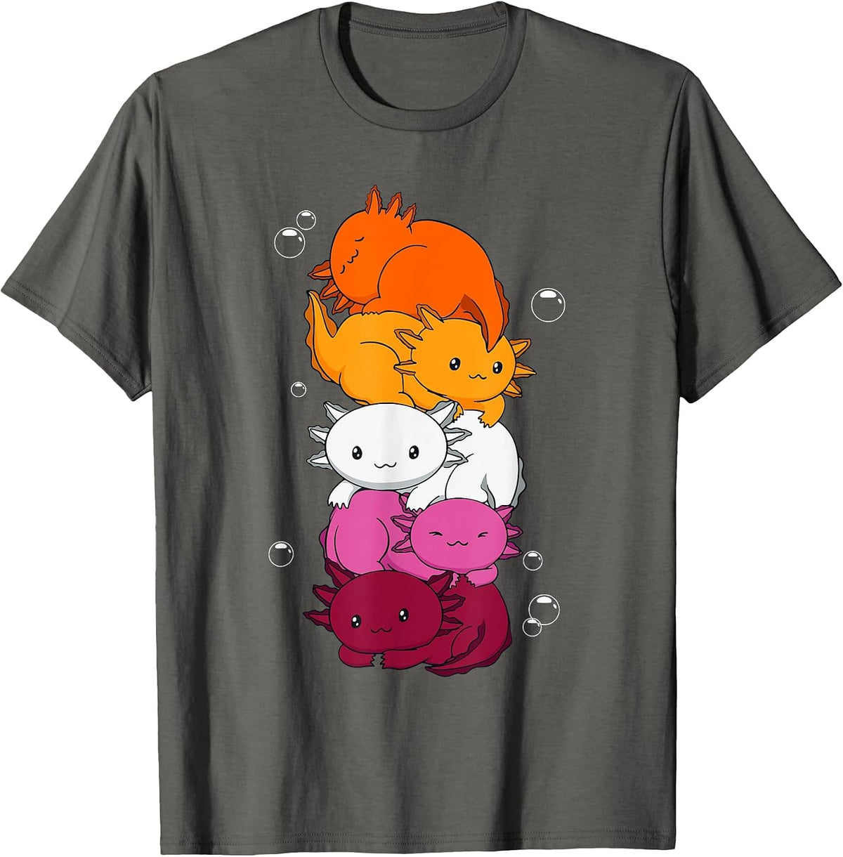 Kawaii Axolotl Pile Lesbian Pride Flag LGBTQ T-Shirt - Asphalt Grey