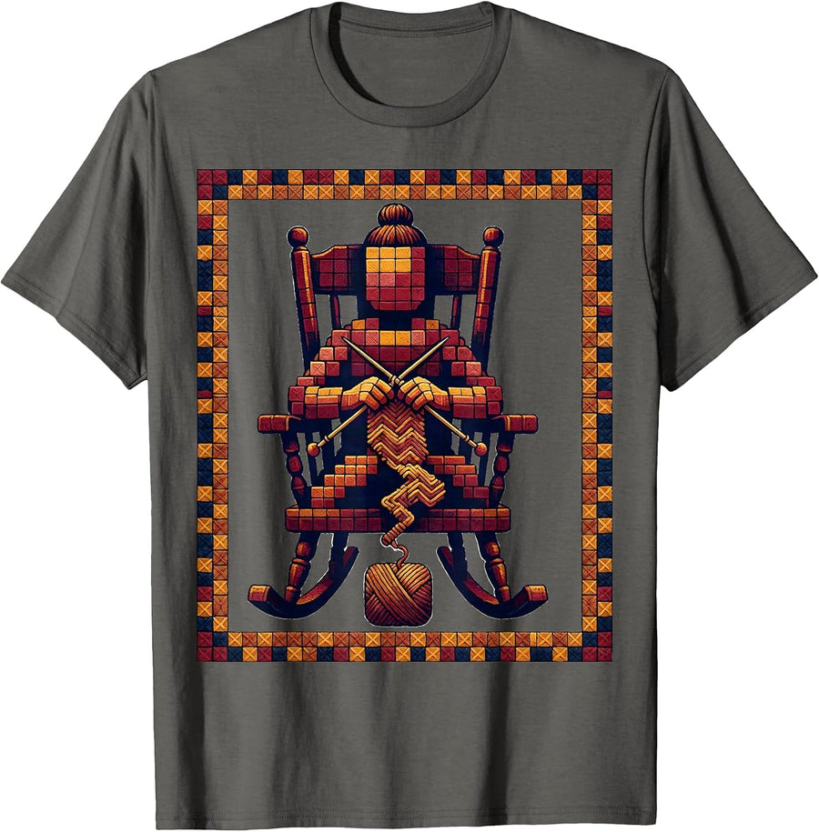 Grandma Knitting in Rocking Chair Illustration T-Shirt - Asphalt Grey