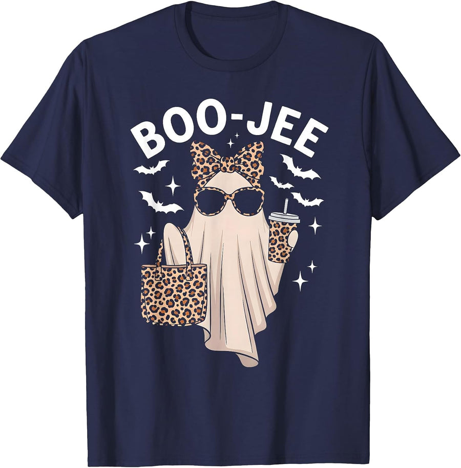 Boo JEE Ghost with Coffee Coquette Bow Halloween Women Girl T-Shirt - Navy Blue