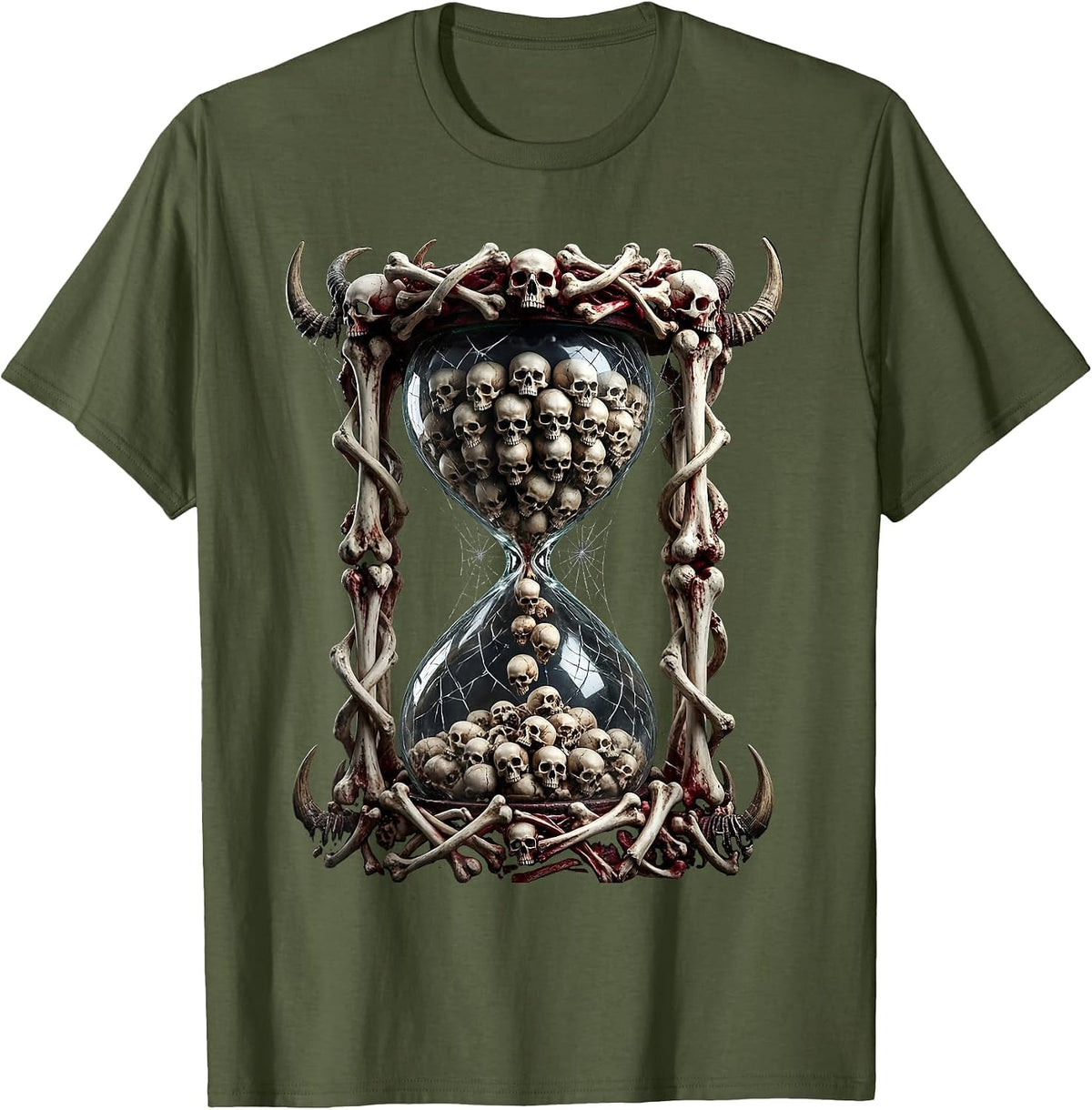 Skull Hourglass Metal Band Graphic Design T-Shirt - Olive Green