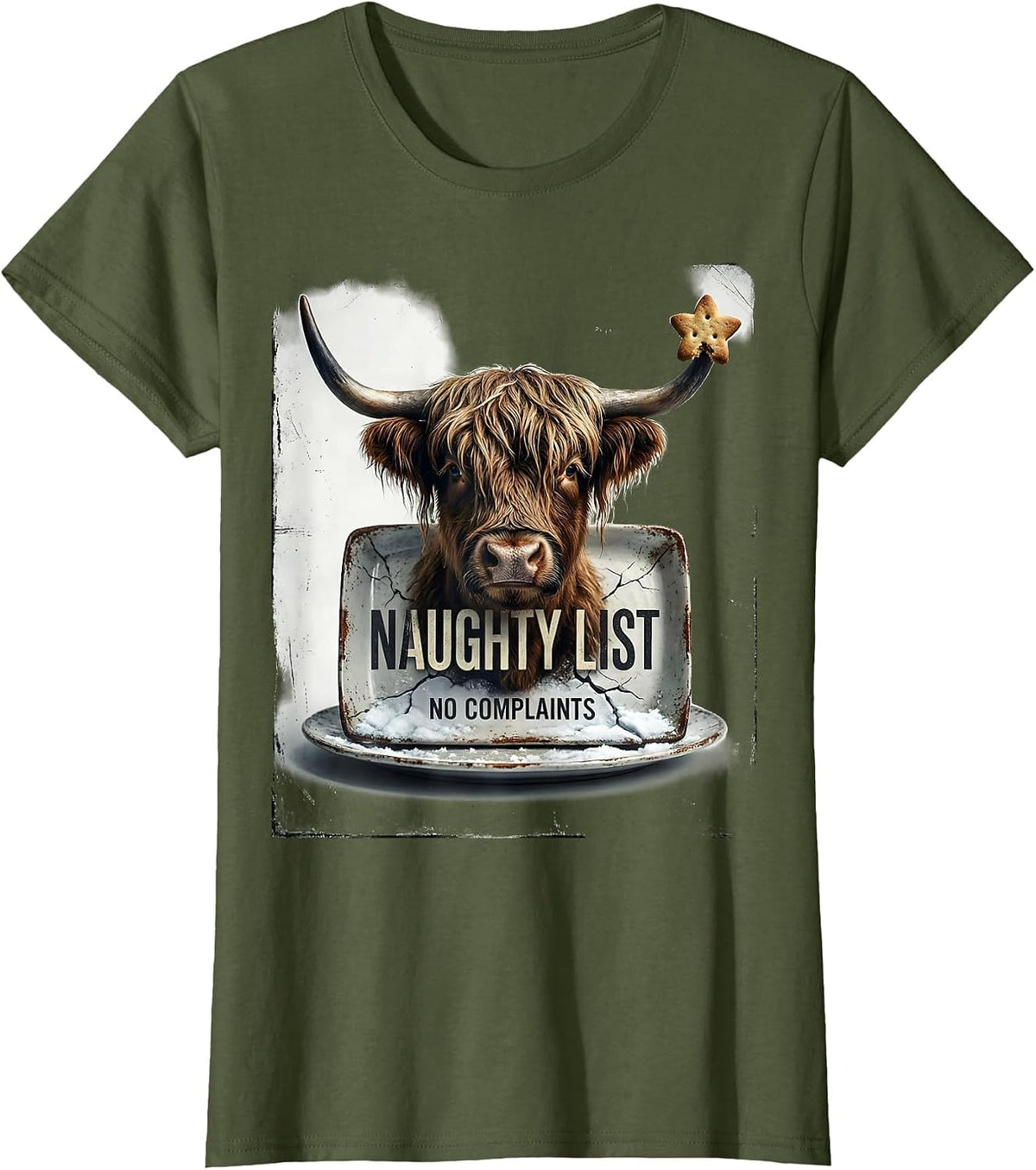 Women's Naughty List No Complaints Distressed Highland Cow Farm T-Shirt - Olive Green