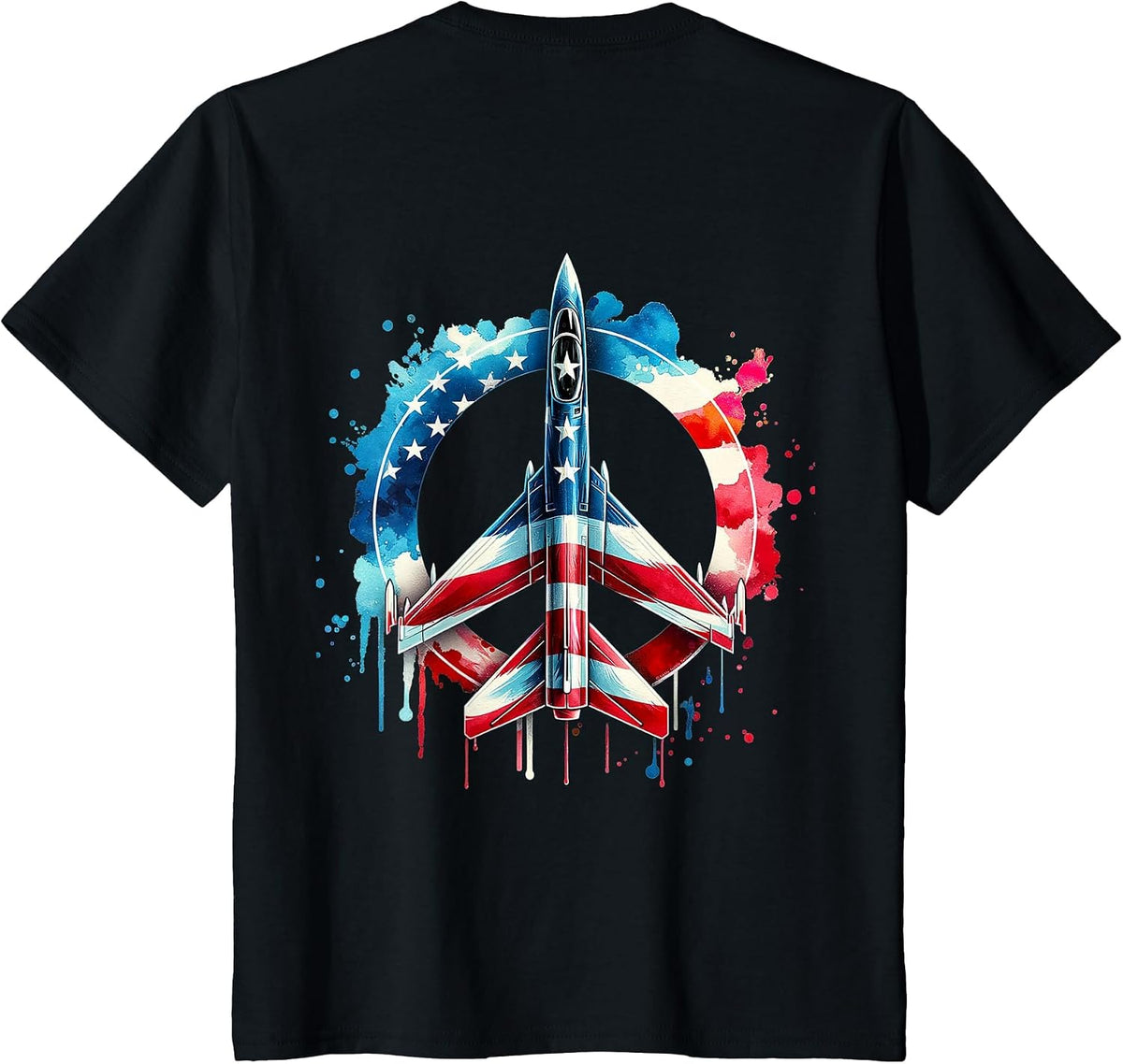 Flying Jet American Flag Peace Sign USA Patriotic July 4th T-Shirt - Black