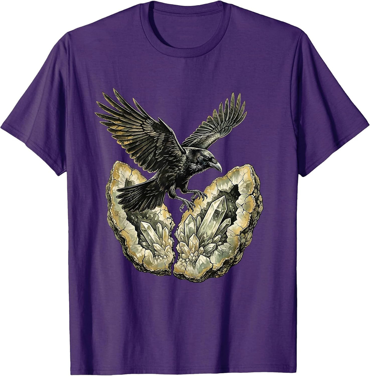 Men's Crow Landing on Cracked Geode Illustration T-Shirt - Purple