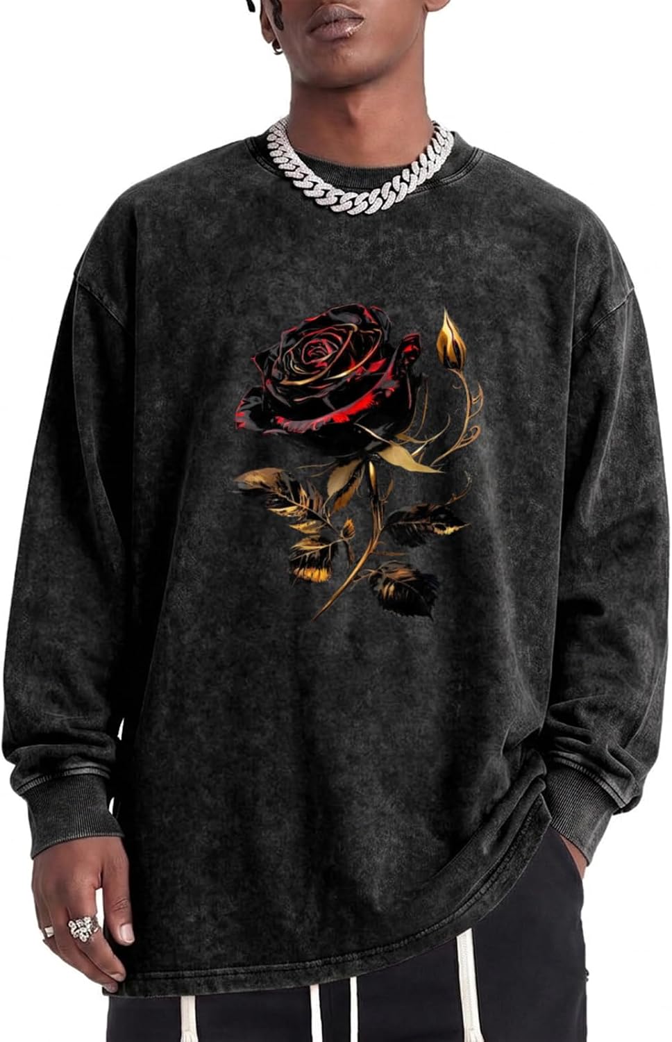 Goth Graphic Long Sleeve Shirts for Men Gothic Rose Shirt Grunge Vintage Streetwear Shirts Acid Wash Tshirts - Black