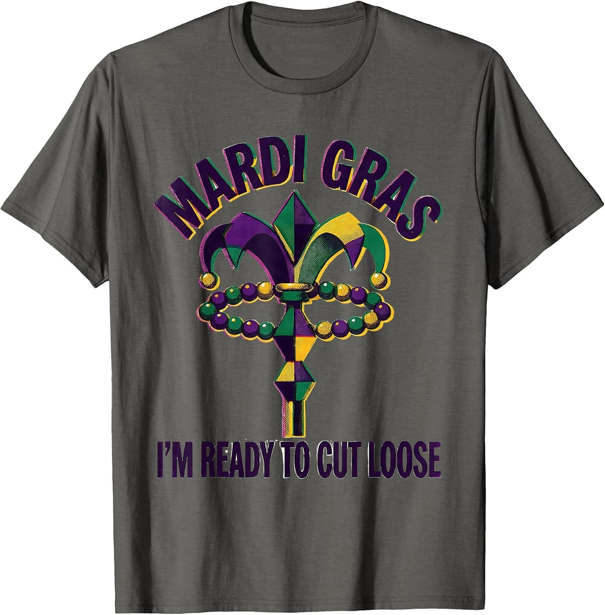 Men's Mardi Gras, I’m Ready To Cut Loose Risograph Carnival Party T-Shirt - Asphalt Grey