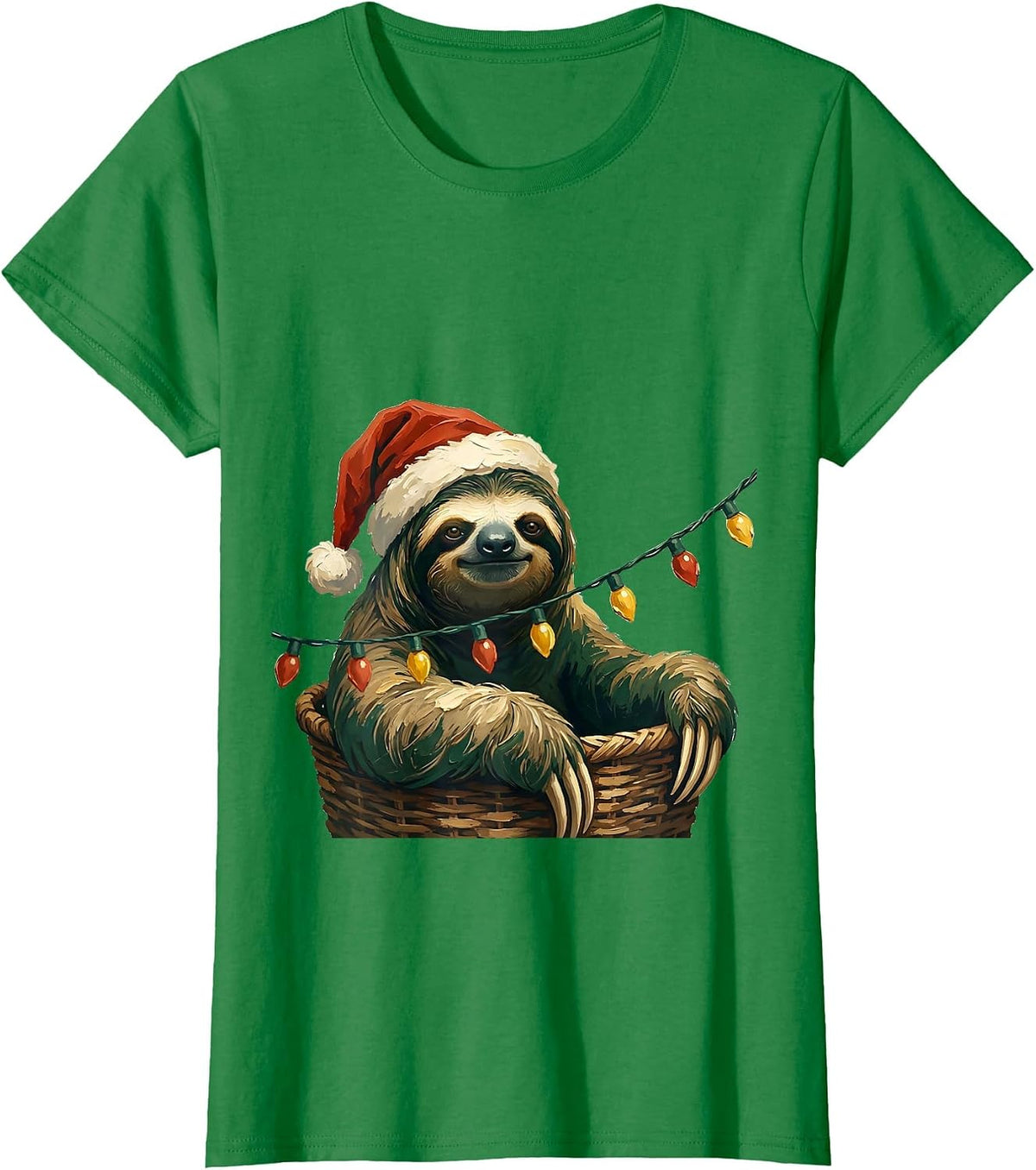 Women's Sloth Christmas Lights Funny Santa Hat Holiday Pajama T-Shirt - Kelly Green