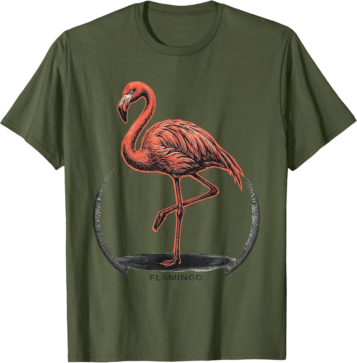 Men's FLAMINGO Minimalist Line Art Animal Badge Patch T-Shirt - Olive Green