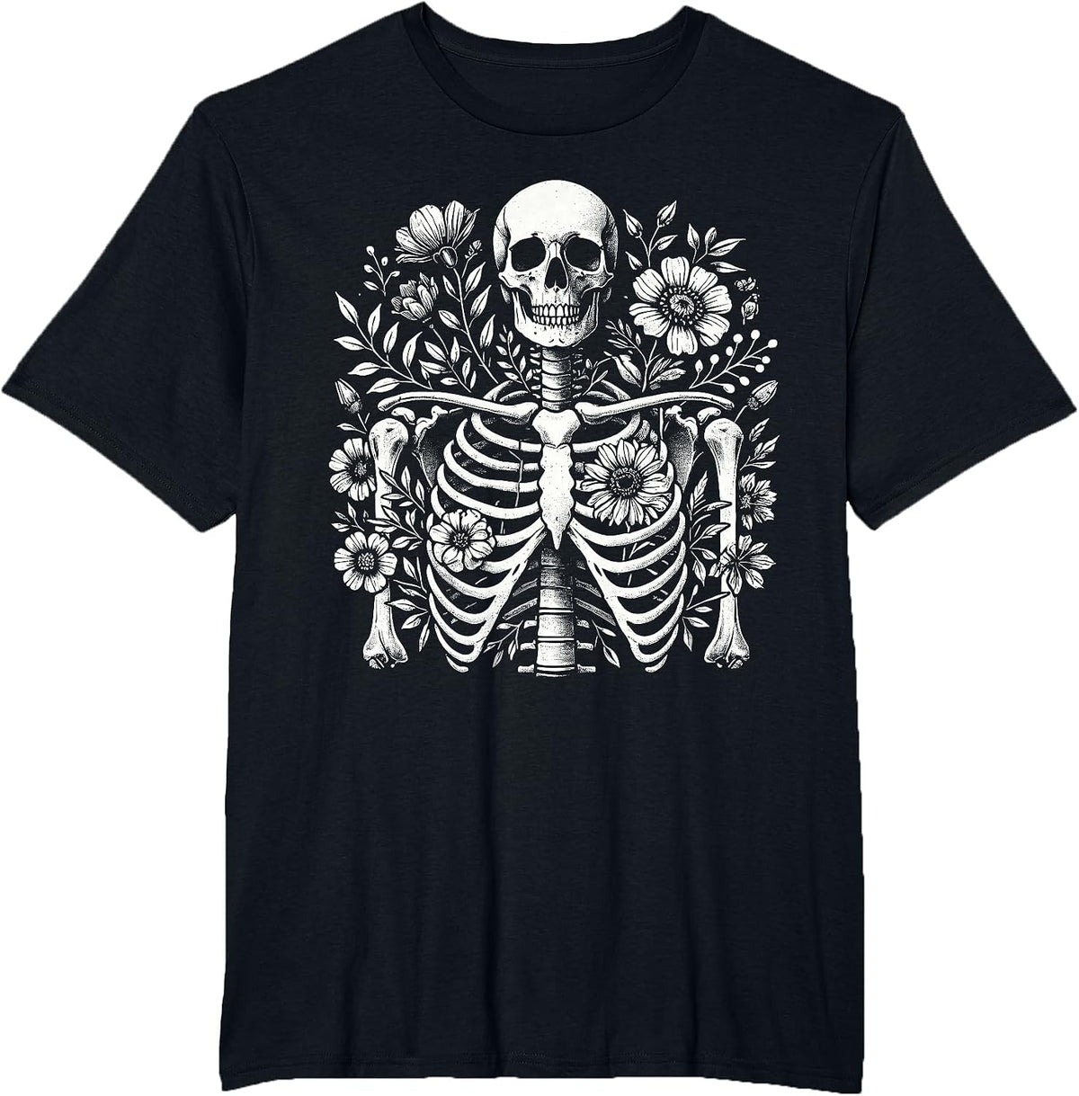 Halloween Floral Skeleton Flowers Goth Aesthetic T-Shirt - Black