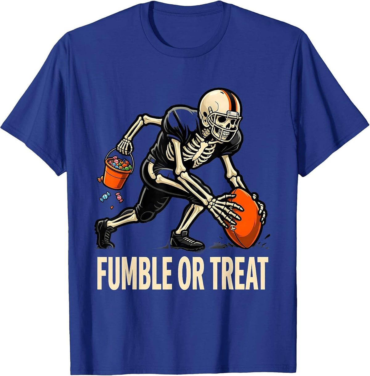 Men's Fumble Or Treat Cartoon Skeleton Football Halloween Costume T-Shirt - Royal Blue