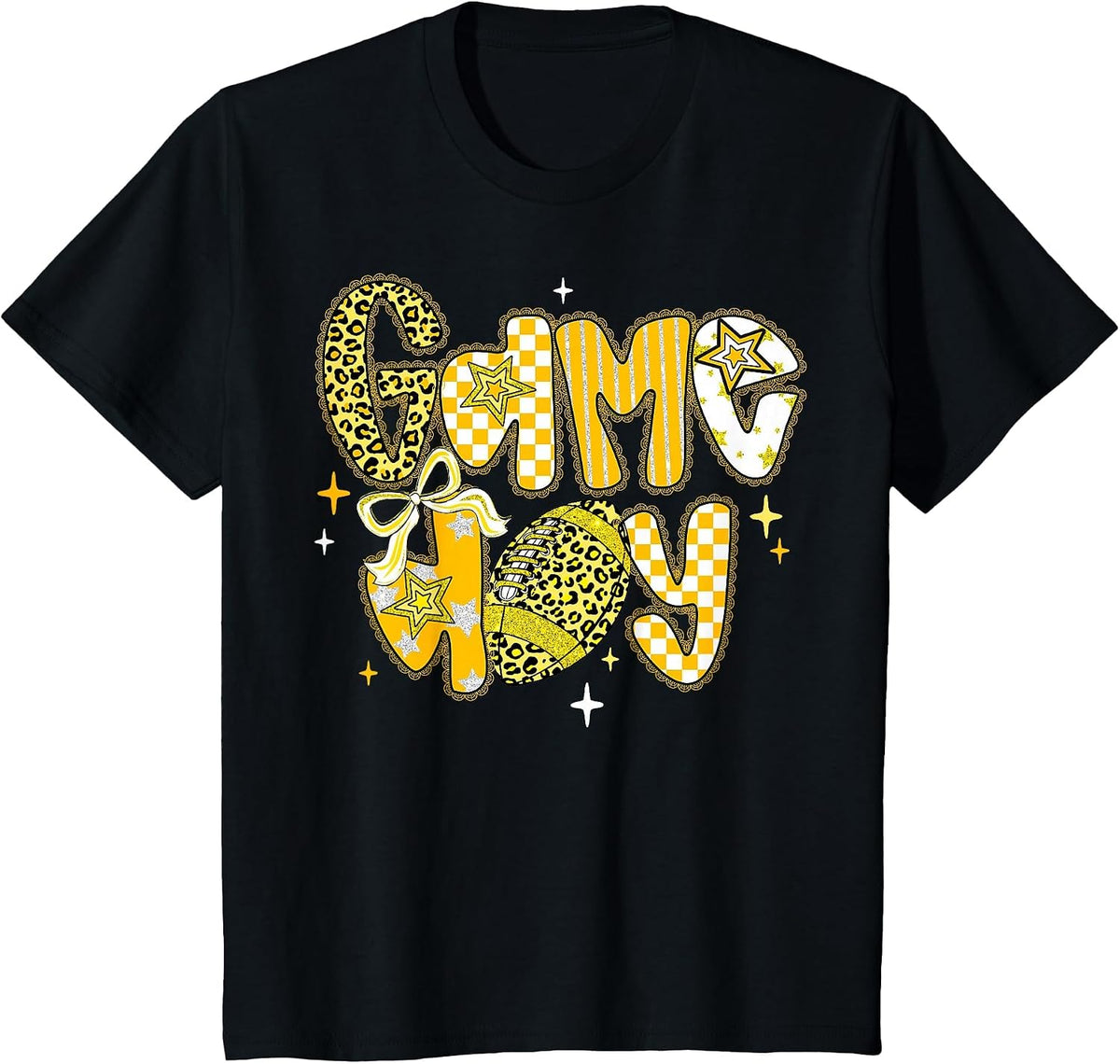 Game Day Football Girly Lace Bow Team Spirit Girls Yellow T-Shirt - Black