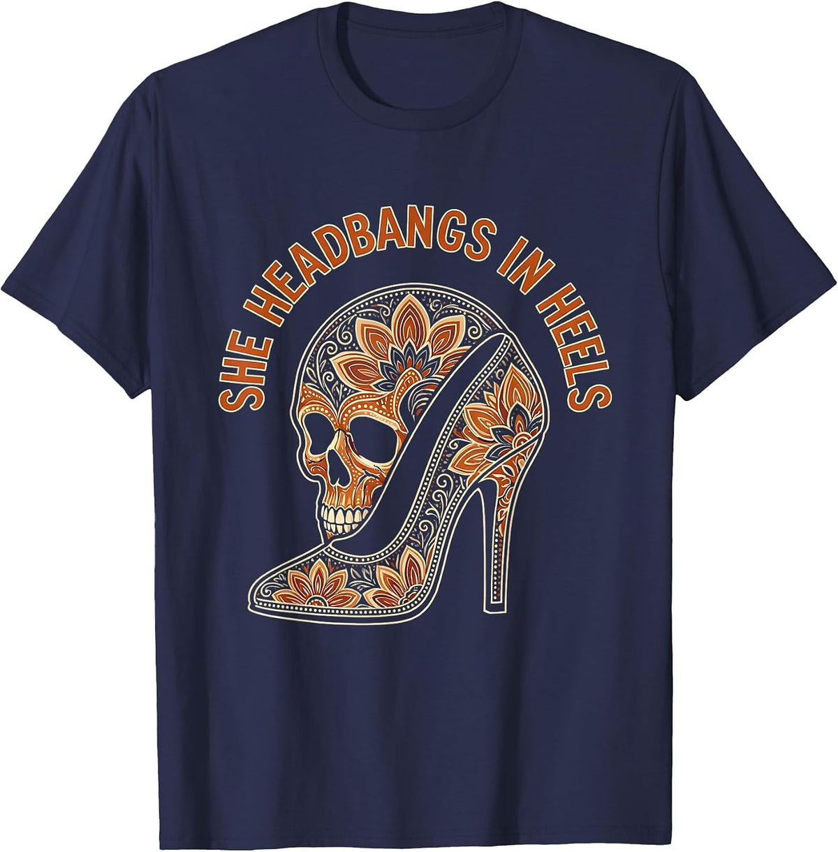 She Headbangs In Heels Rock and Roll Design T-Shirt - Navy Blue