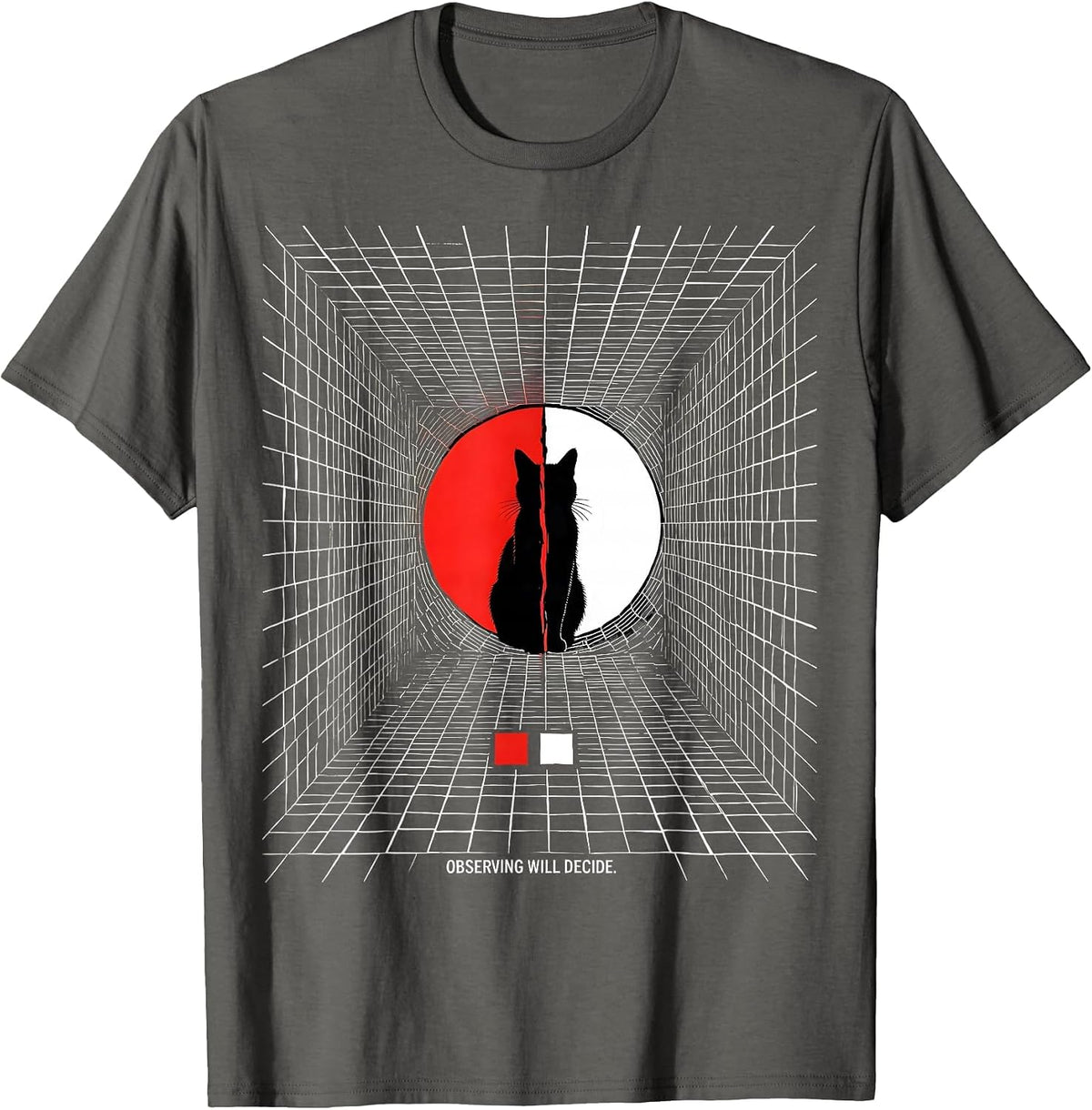 Observing Will Decide Geometric Physics Nerd Cat Humor T-Shirt - Asphalt Grey