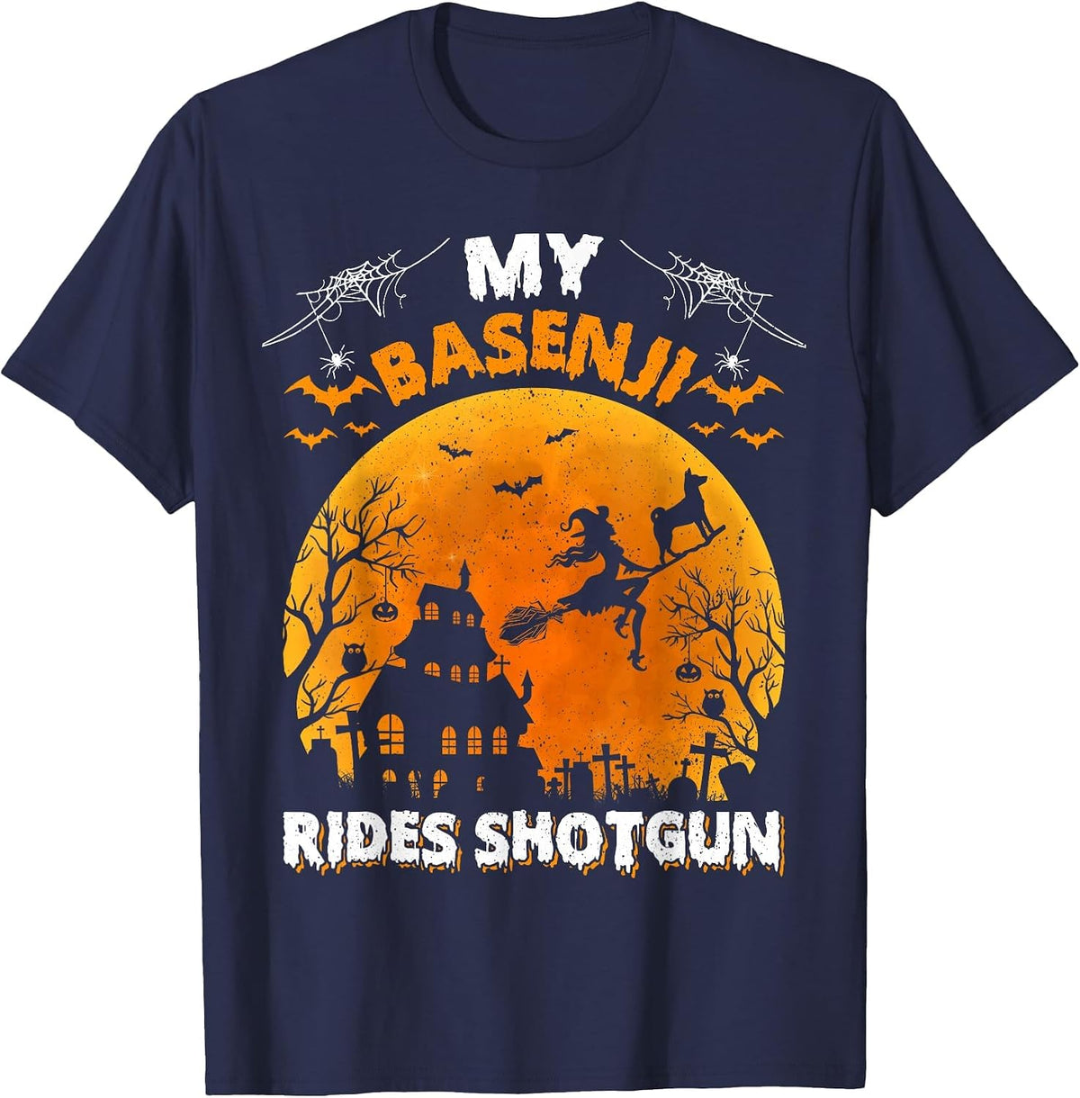 My Basenji Rides Shotgun Basenji Dog Halloween T-Shirt - Navy Blue