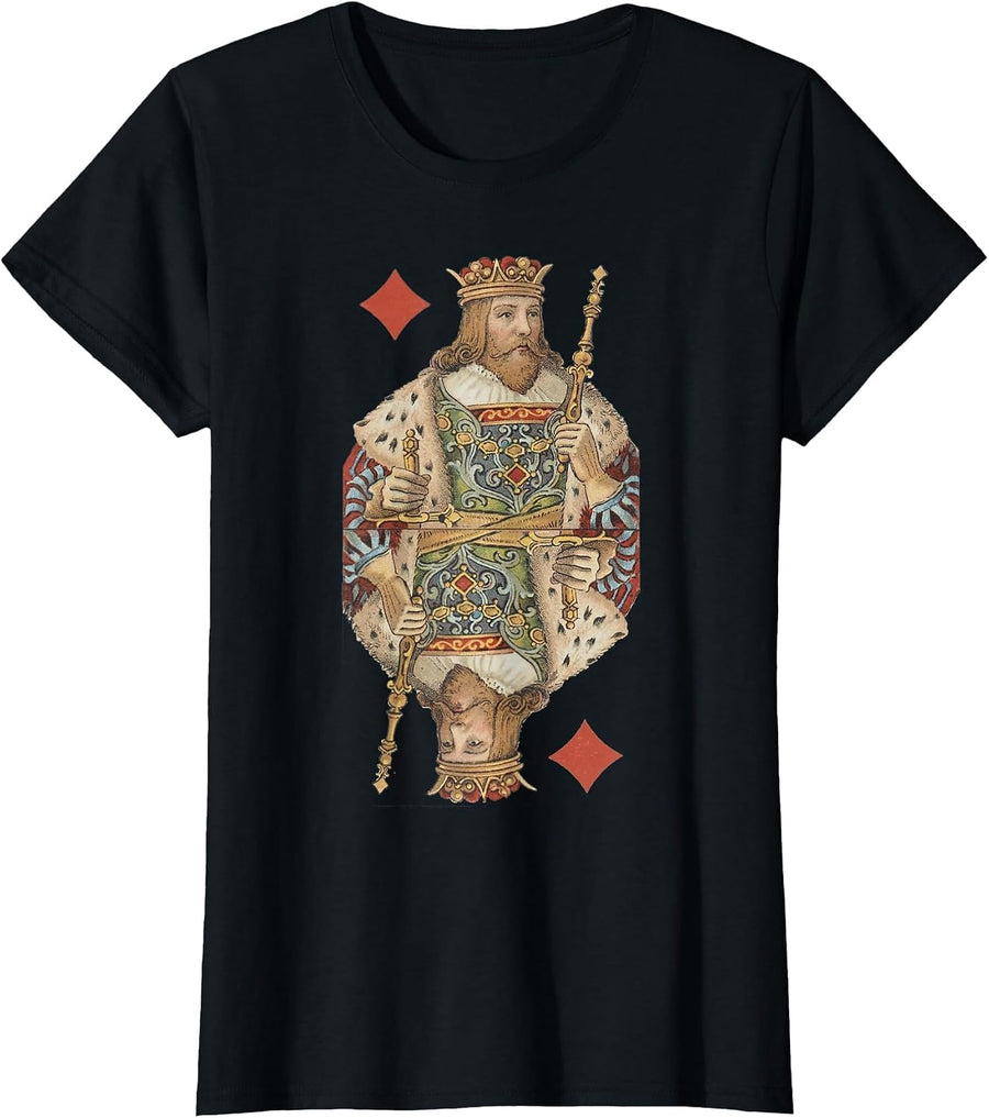 King of Diamonds Antique Art Nouveau Playing Card Art T-Shirt, Women, Black, Medium - As Pictured