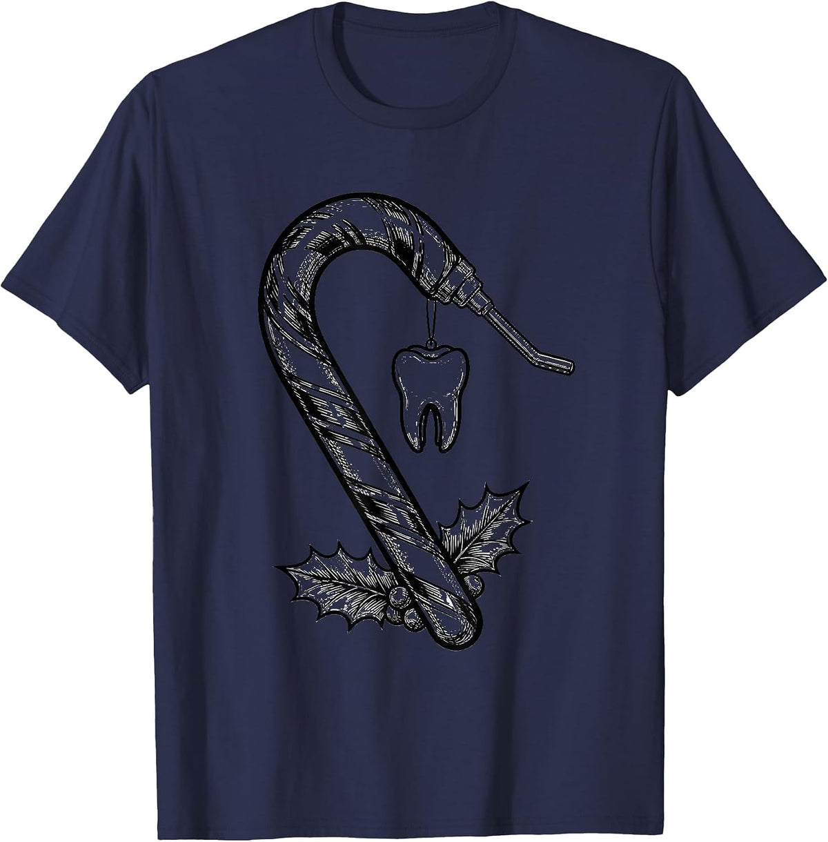 Men's Dental Candy Cane Line Art Dentist Christmas Humor T-Shirt - Navy Blue
