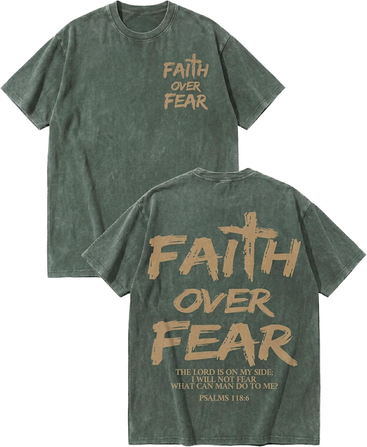 Christian Faith Over Fear Shirt for Men, Jesus Religious Vintage Washed Cotton Graphic Tee with Psalm 118:6 Back Print -