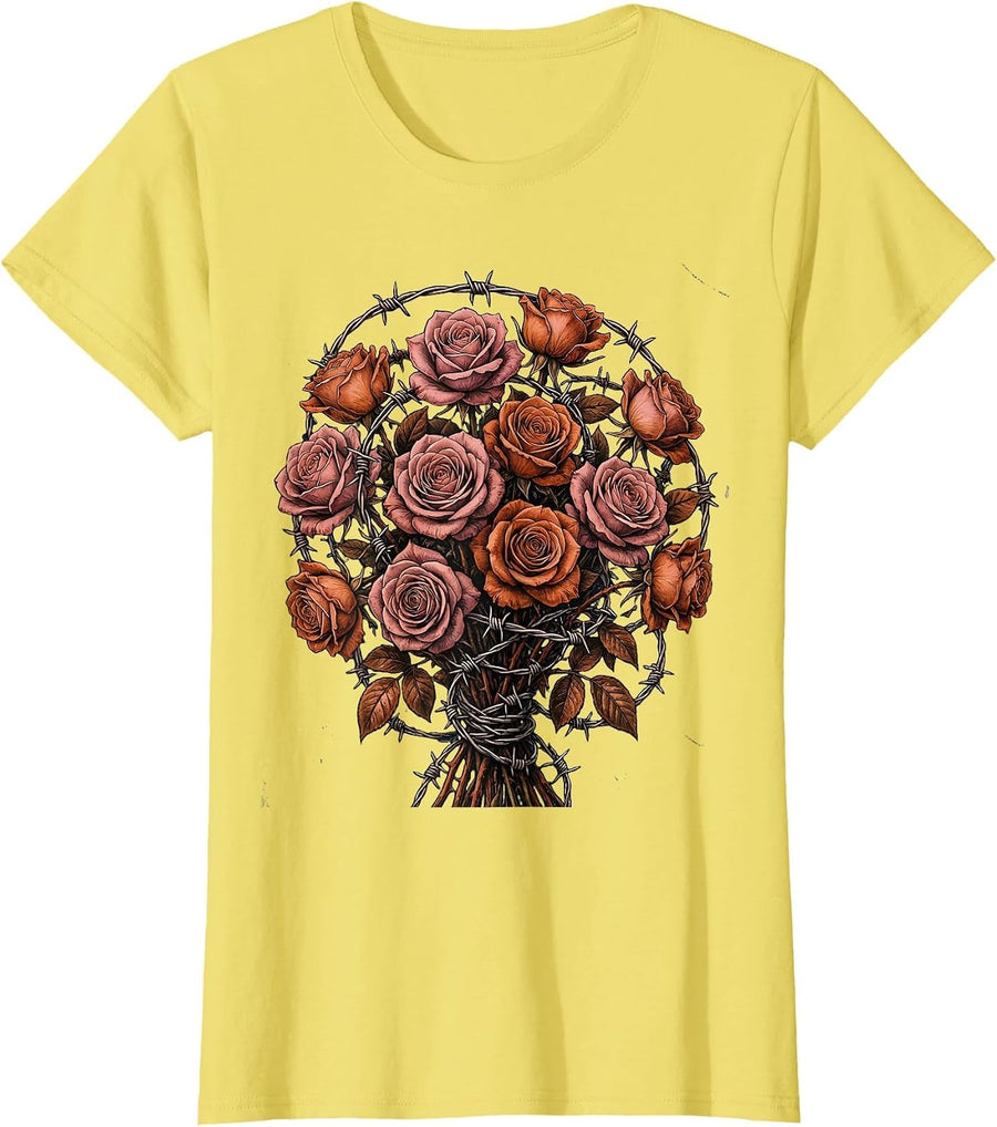 Roses and Barbed Wire 80s Rock Graphic T-Shirt - Lemon Yellow