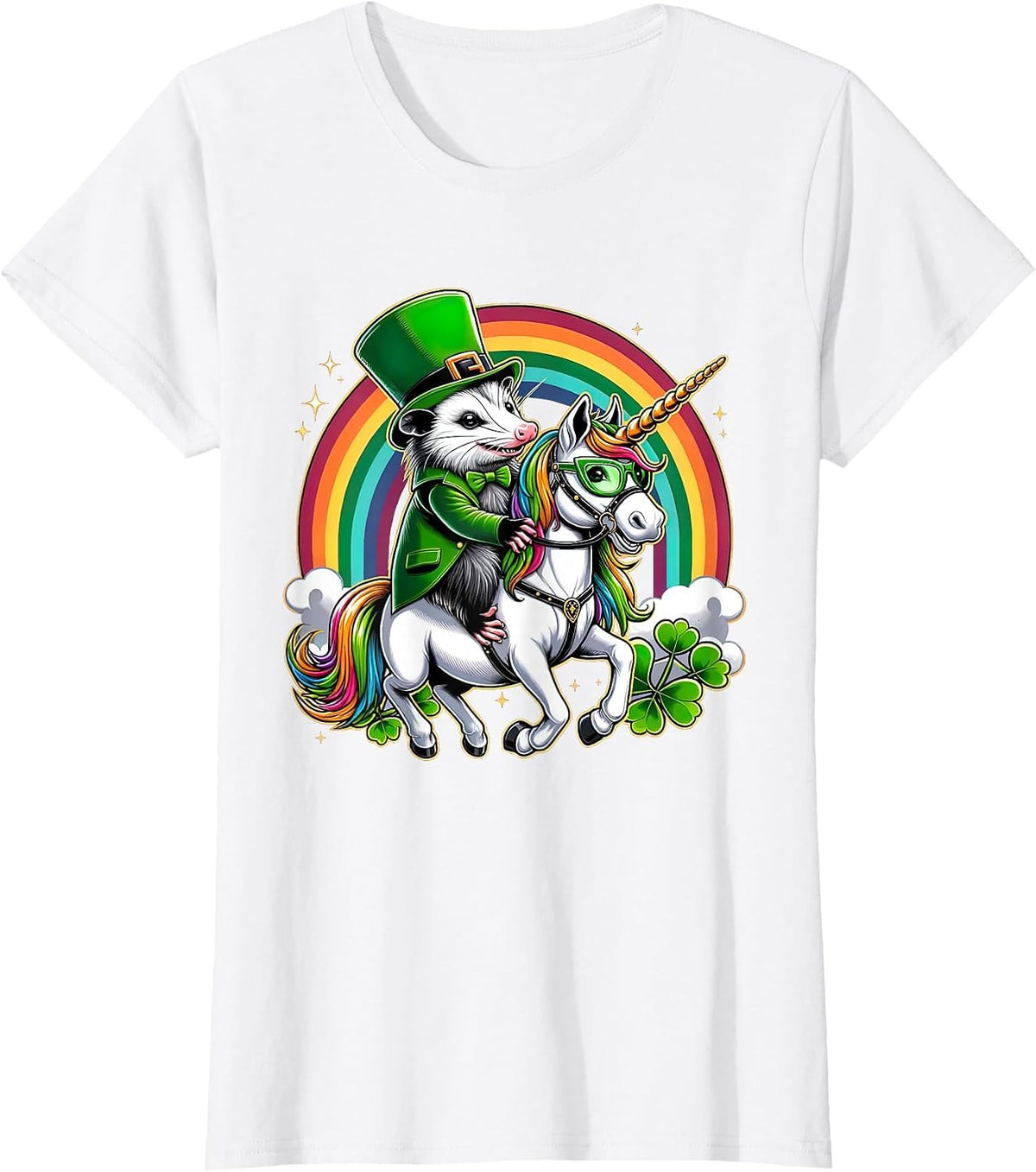 Funny Opossum Leprechaun Riding Unicorn St Patricks Day T-Shirt - White