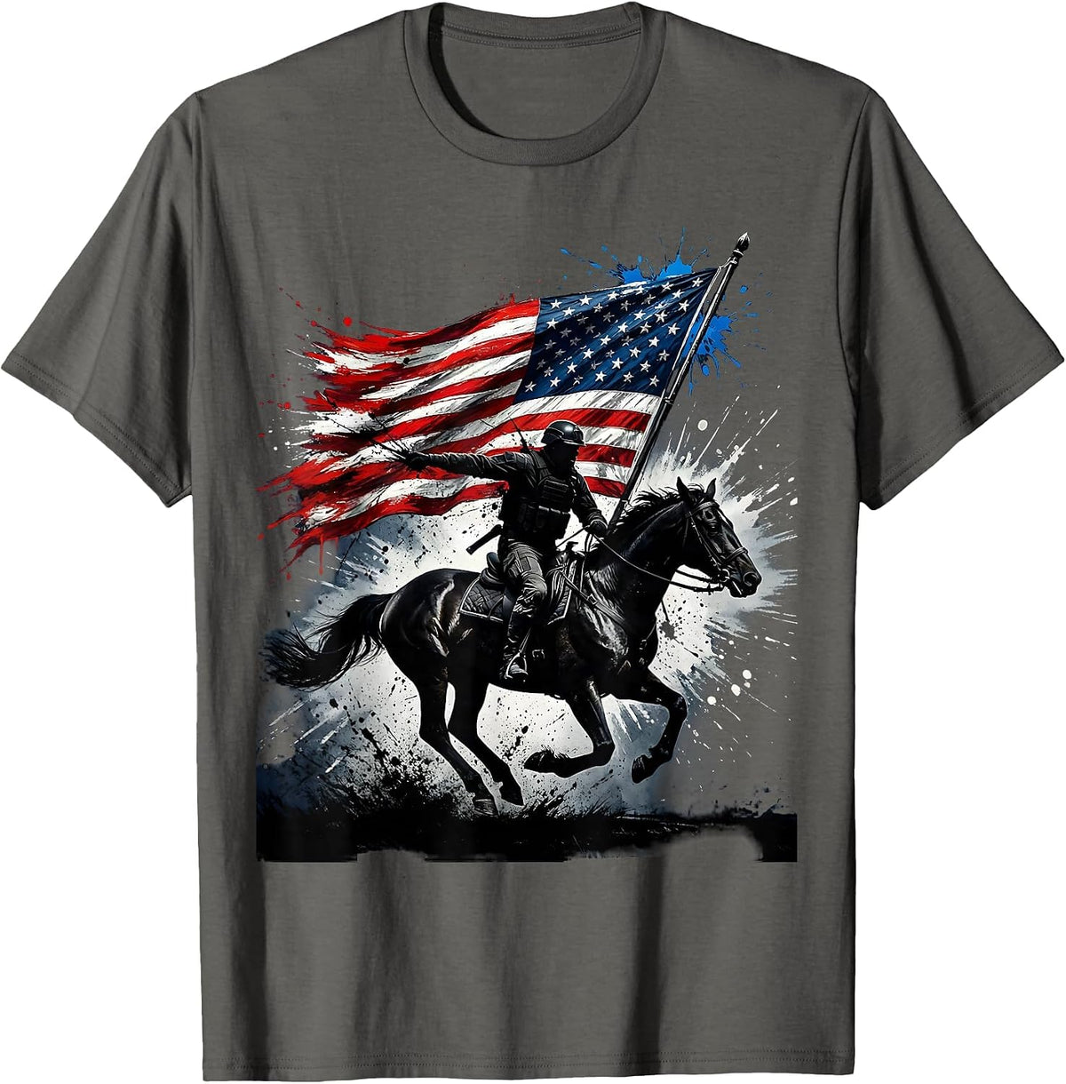 Men's American Flag Horseback Rider at Full Gallop T-Shirt - Asphalt Grey