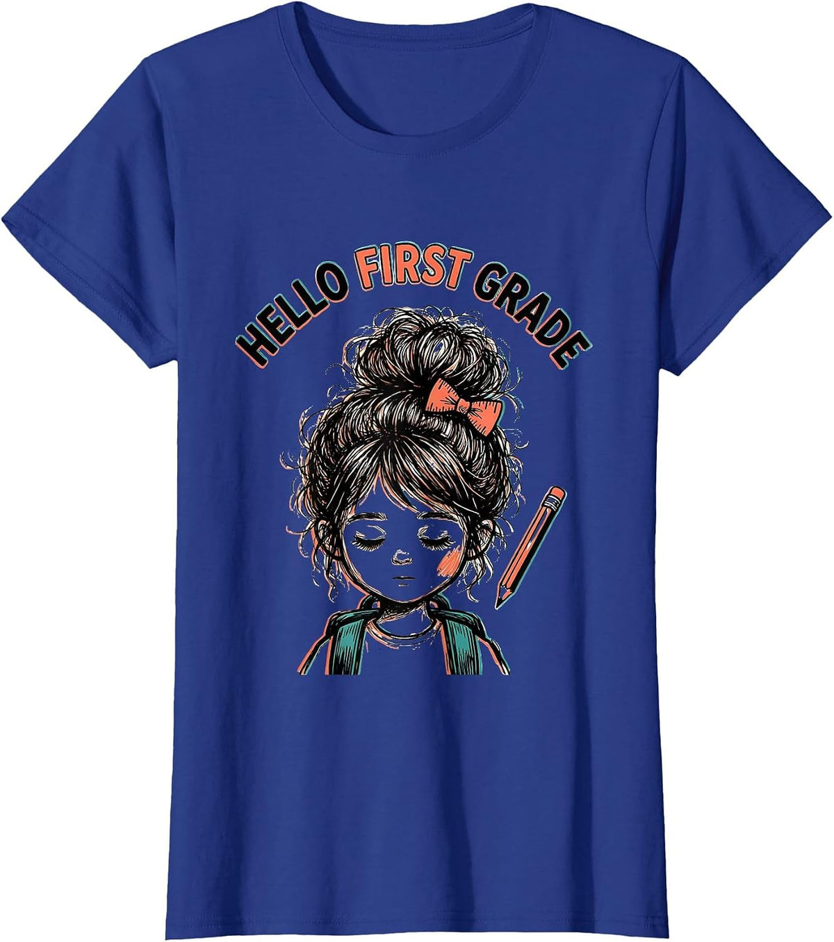 Women's Hello First Grade Back To School Messy Bun Girl Humor T-Shirt - Royal Blue