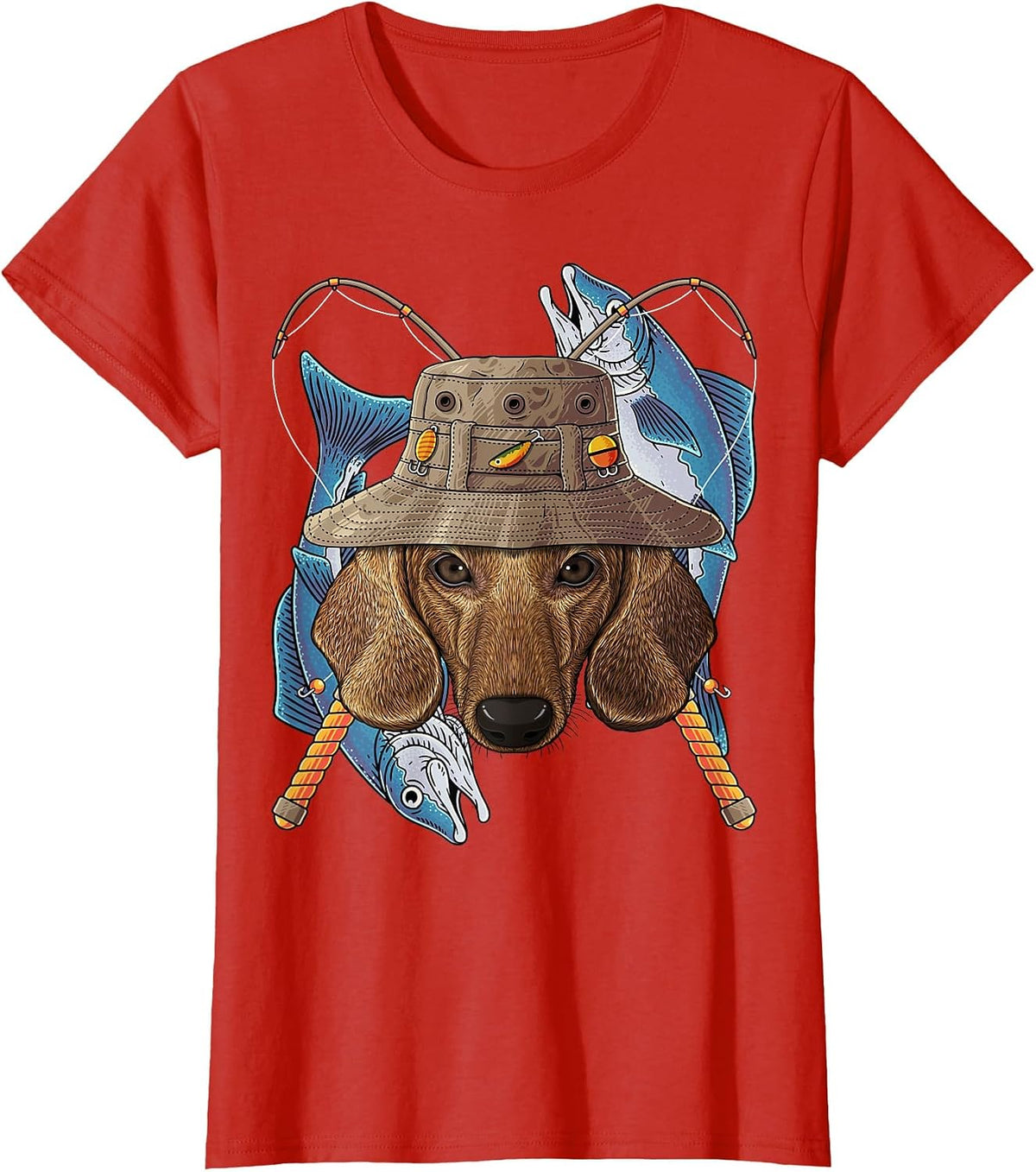 Outdoor Fisherman Dog Dachshund Cute Fly Fishing Dog T-Shirt - Red