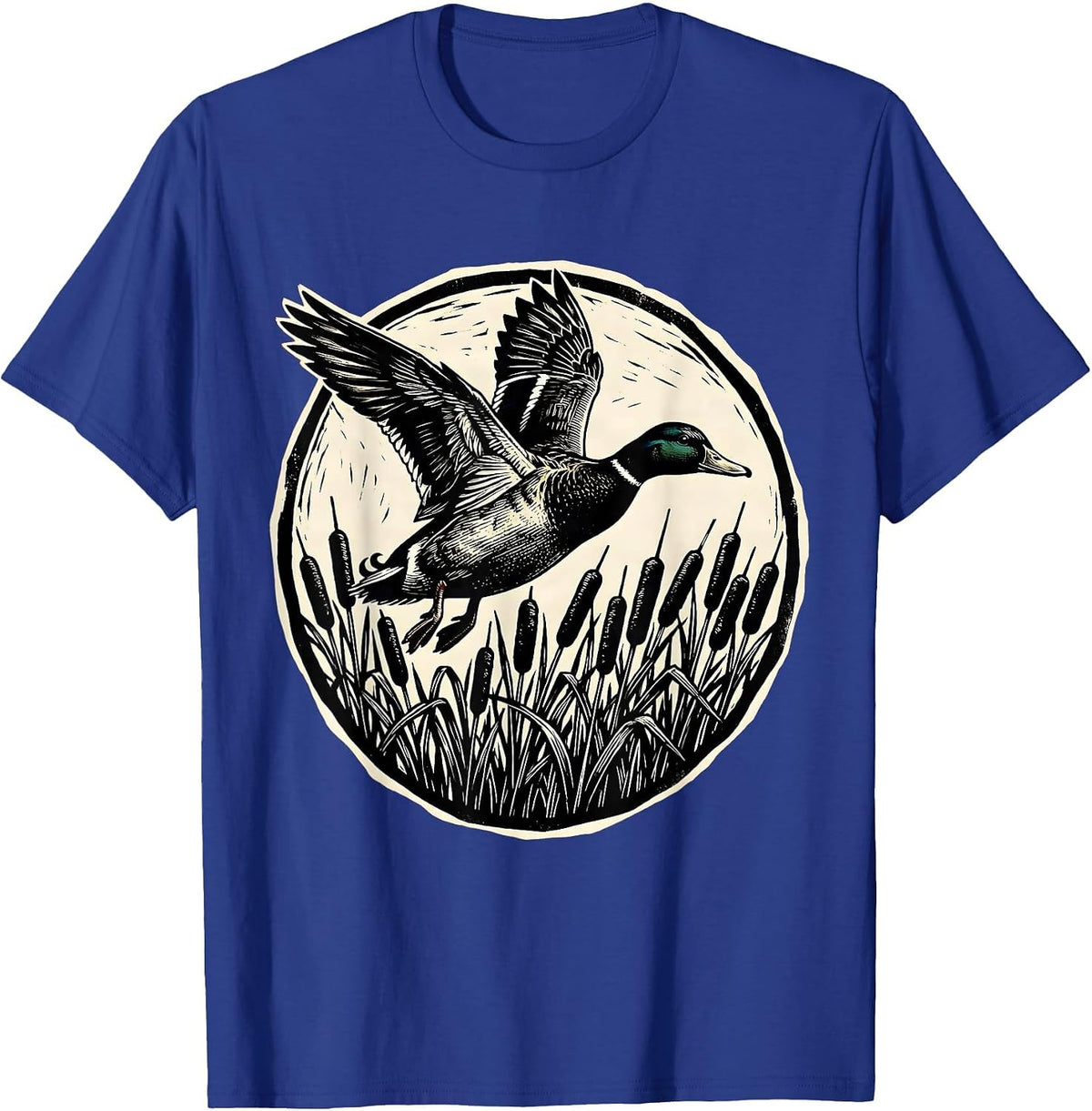 Duck Flying Over Cattail Reeds Nature Illustration T-Shirt - Royal Blue