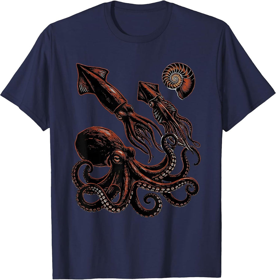 Cephalopod Silhouettes Linocut Octopus Lover Marine Biology T-Shirt - Navy Blue