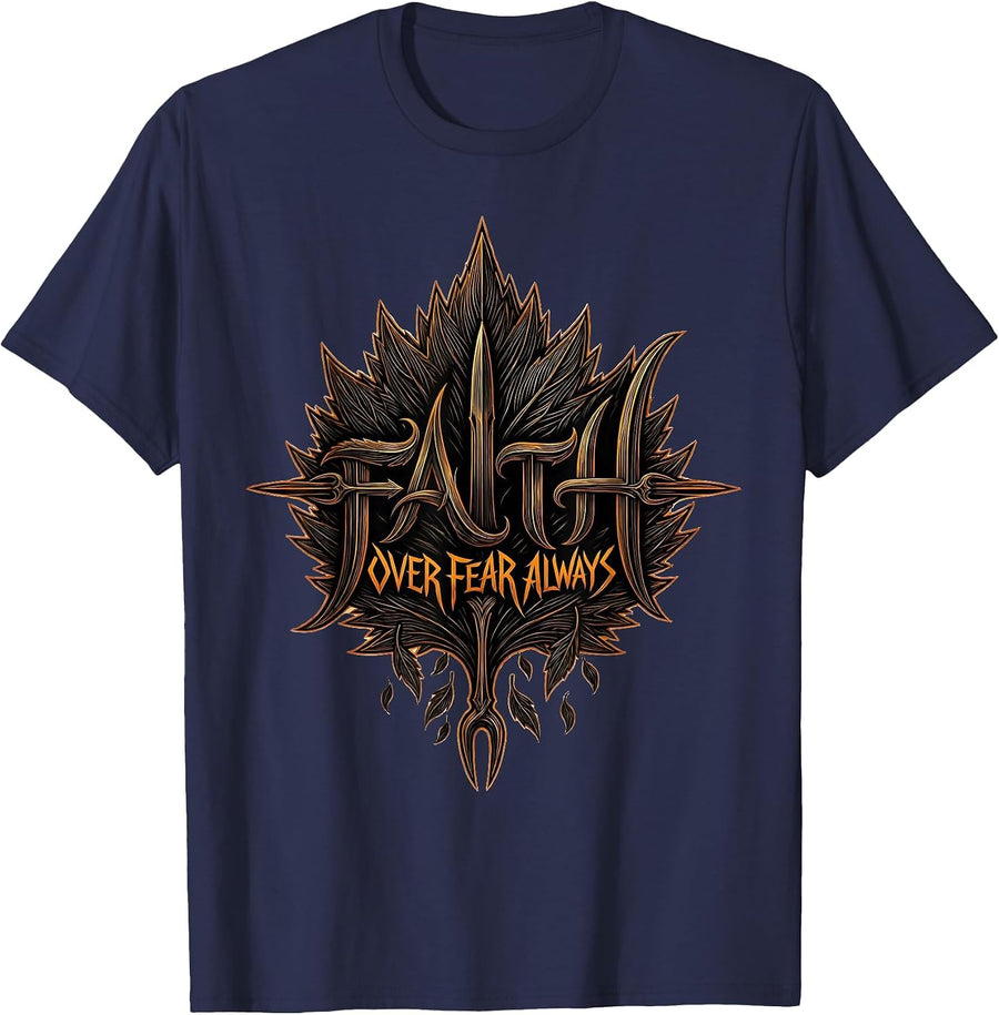 Faith Over Fear Fall Edition Falling Leaves Design T-Shirt - Navy Blue