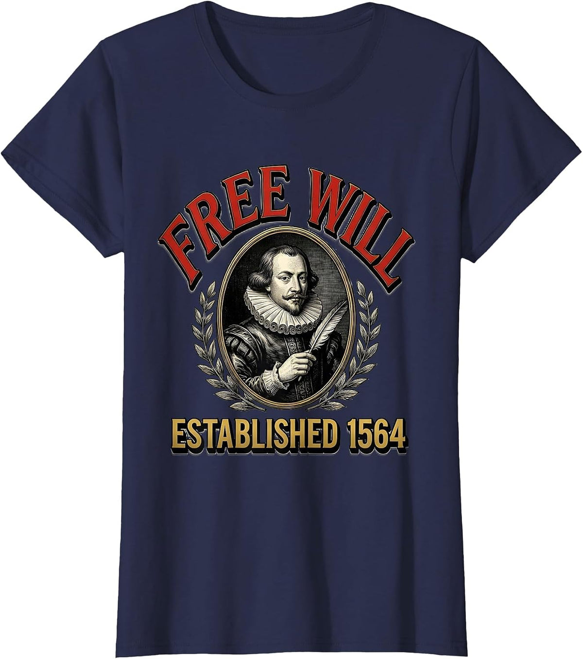 Women's Free Will Established 1564 Vintage Literary Shakespeare Fan T-Shirt - Navy Blue