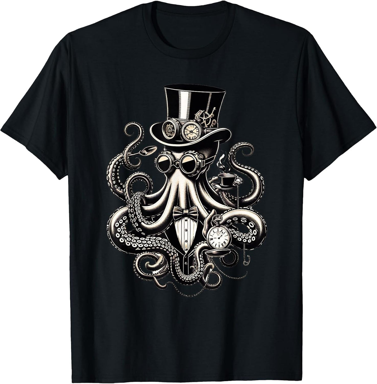 Funny Octopus Steampunk Top Hat Coffee Cup Pocket Watch T-Shirt - Black