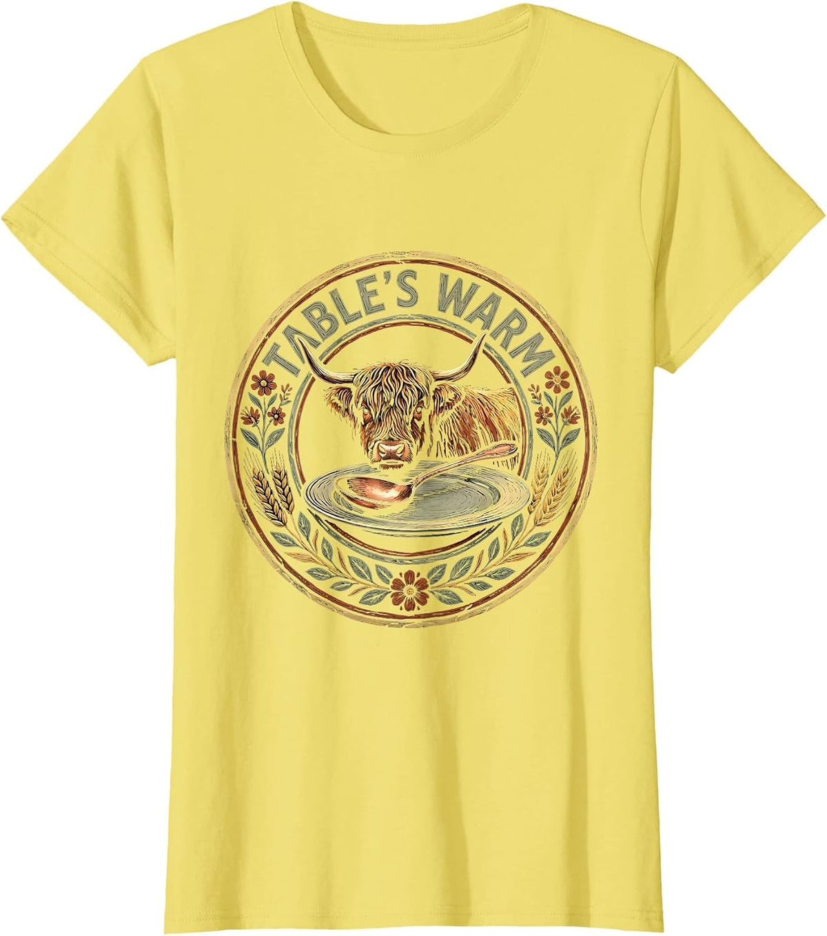 Women's Table's Warm Boho Folk Highland Cow Thanksgiving Gratitude T-Shirt - Lemon Yellow