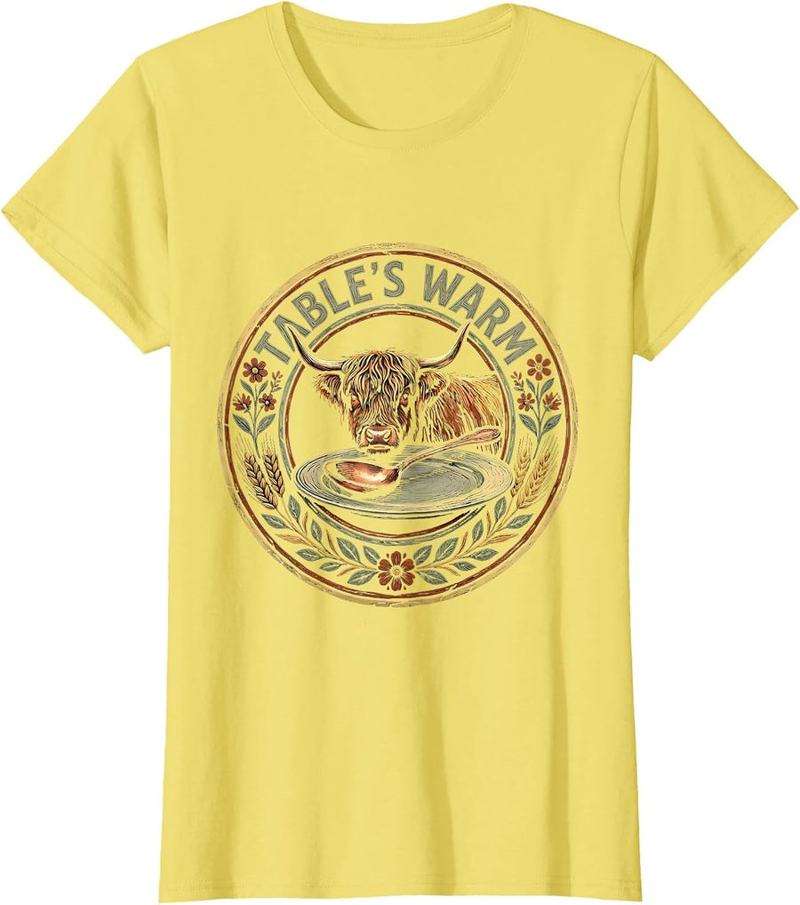 Women's Table's Warm Boho Folk Highland Cow Thanksgiving Gratitude T-Shirt - Lemon Yellow