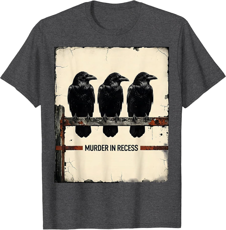 Men's Murder In Recess Distressed Crow Lover Bird Humor T-Shirt - Dark Heather Grey