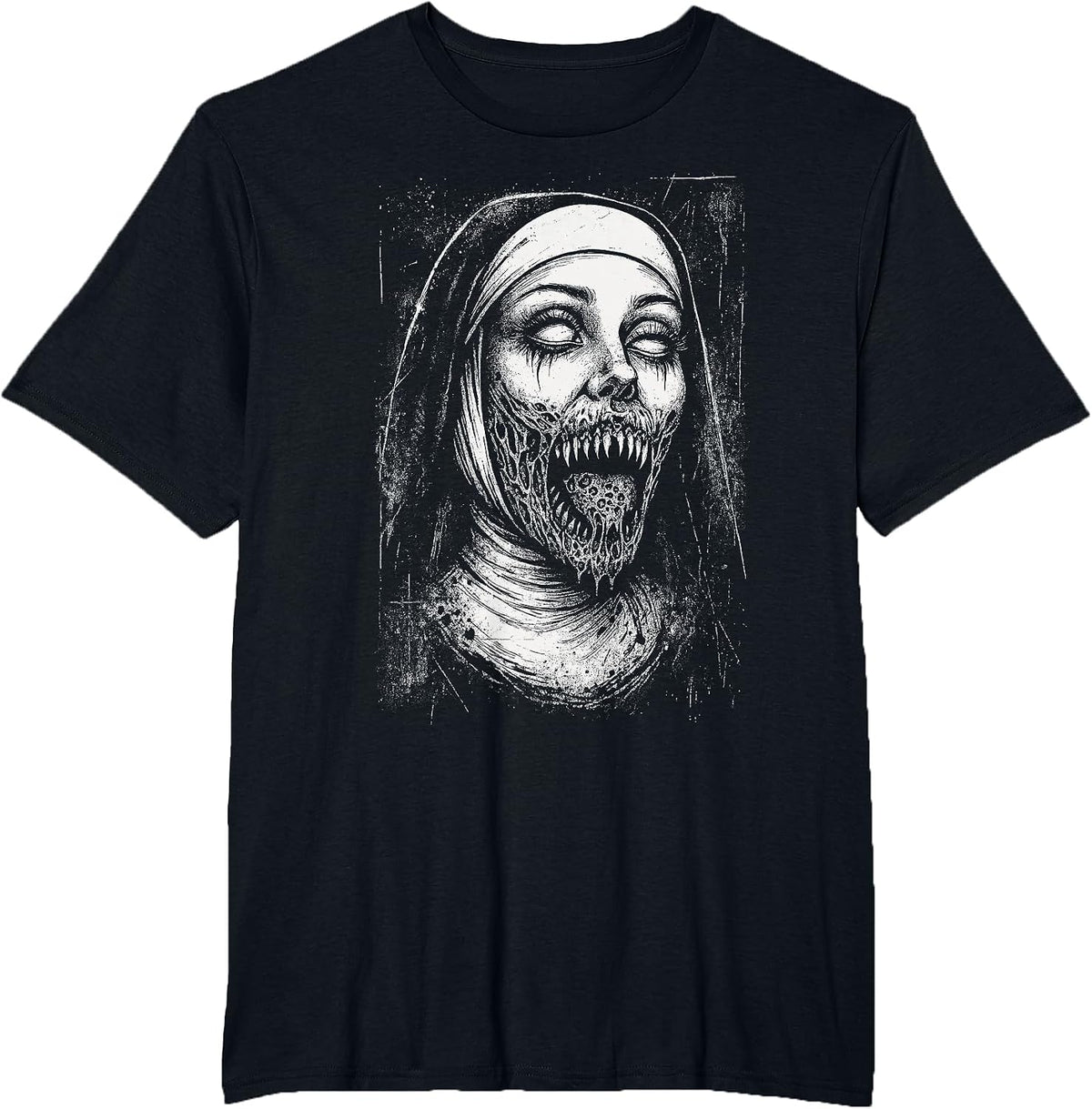 Horror Creepy Nun Demon Unholy Evil Occult Alt Scary Goth T-Shirt - Black