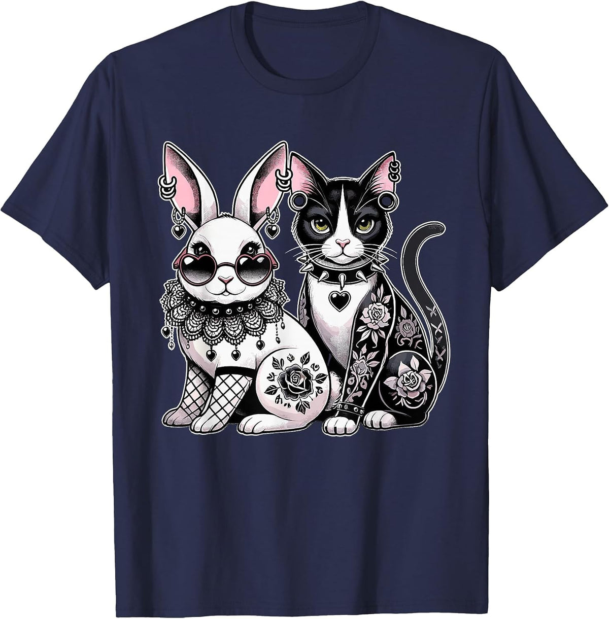 Gothic Punk Cat & Bunny with Tattoos & Piercings T-Shirt - Navy Blue