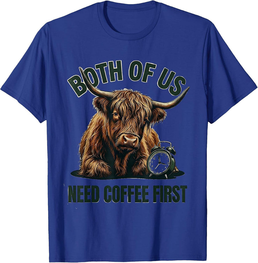 Both Of Us Need Coffee First Vintage Highland Cow Coffee T-Shirt - Royal Blue