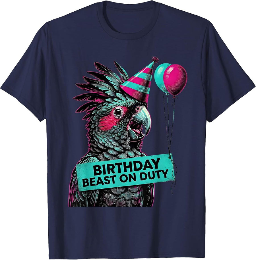 Birthday Beast On Duty Whimsical Cockatoo Party Hat T-Shirt - Navy Blue