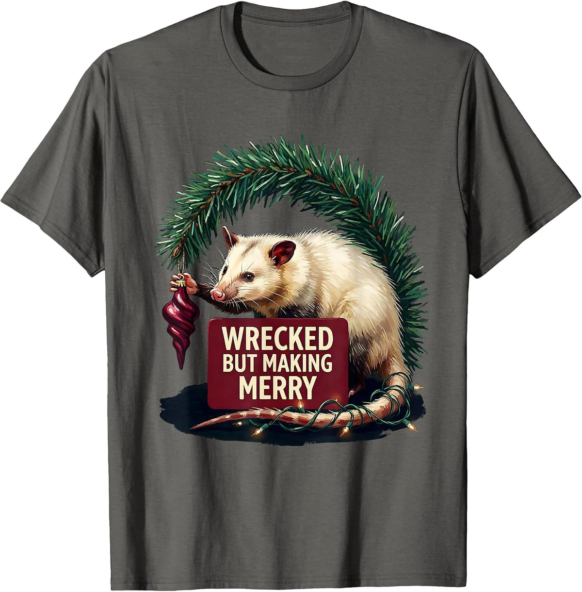 Men's Wrecked But Making Merry Funny Opossum Ugly Sweater T-Shirt - Asphalt Grey