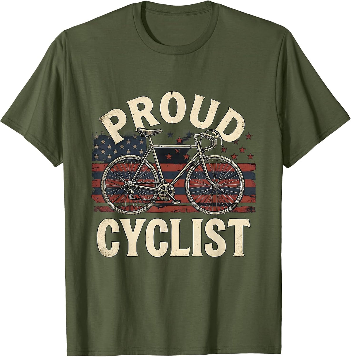 Proud Cyclist Vintage Road Bicycle American Flag Patriot T-Shirt - Olive Green